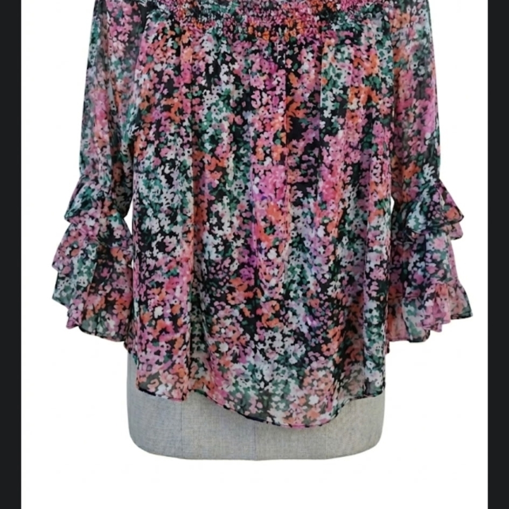 Floral Off Shoulder Smocked  Ruffle Sleeve Cottagecore Whimseygoth Boho Top Med